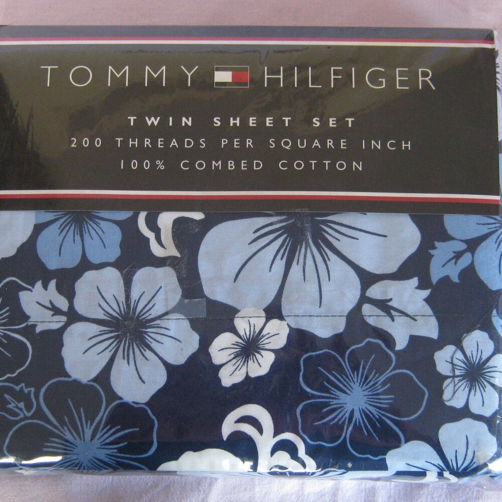 Tommy Hilfiger Blue Kelsey Hibiscus 100% Cotton TWIN Sheet 3 Piece Set NWT